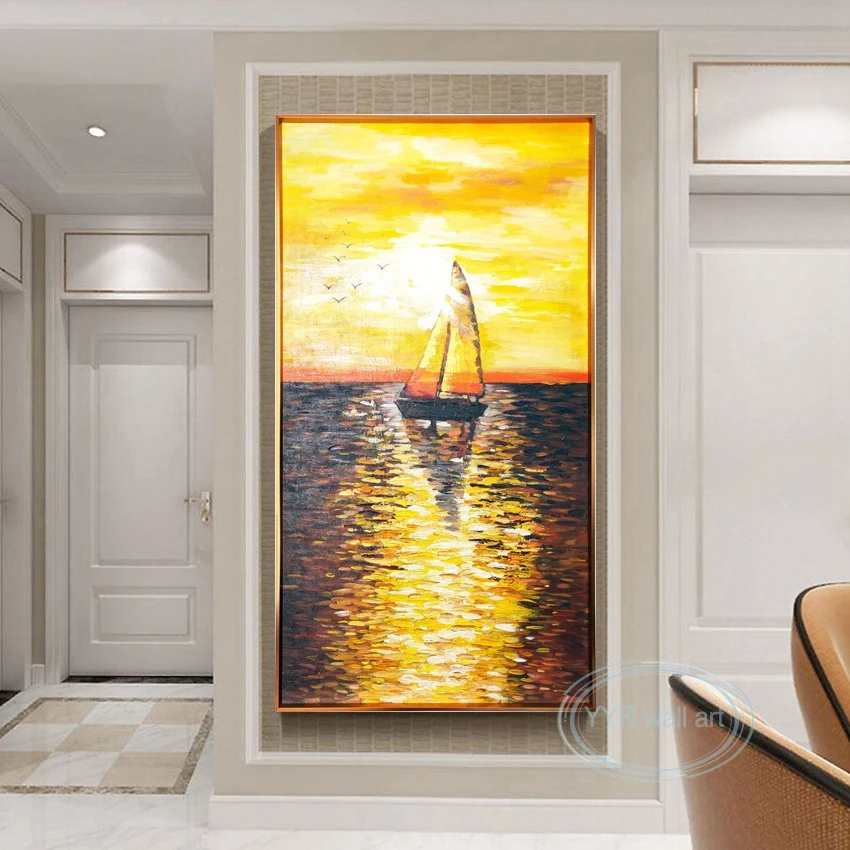 Vertical Home Decoration Poster 100%Handmade Oil Painting Abstract Sea Sailing Wall Aesthetic Art Canvas Living Room Porch Hotel