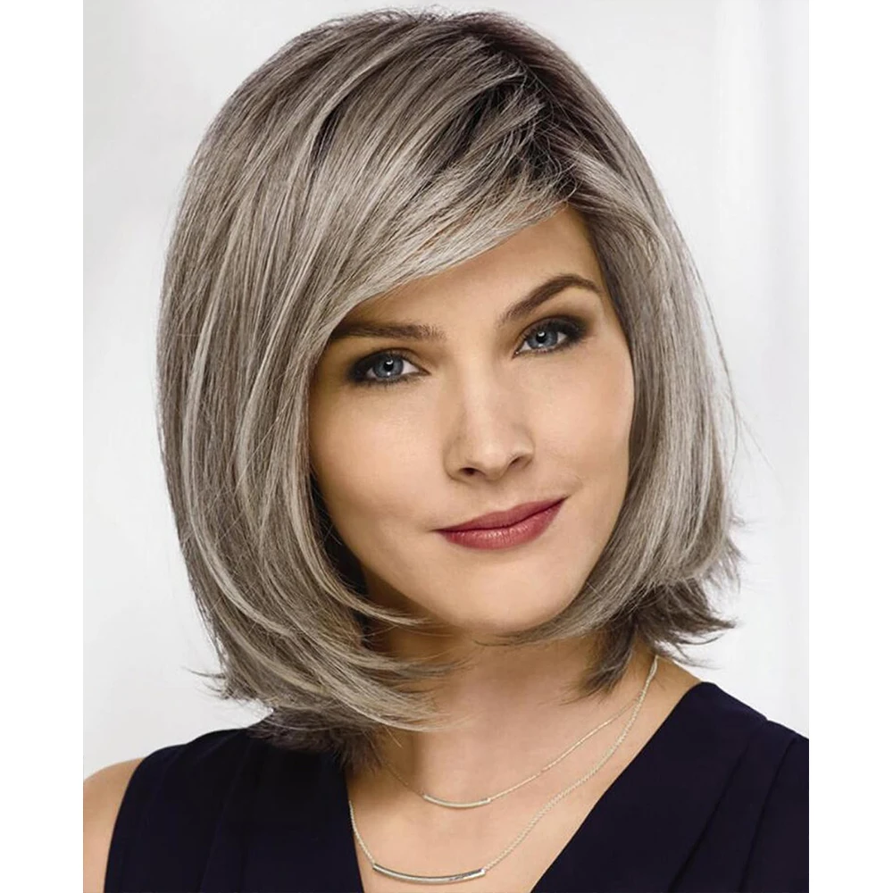 HAIRJOY Perruque synthétique courte ombrée grise pour femmes, perruque bob grise droite et dégradée