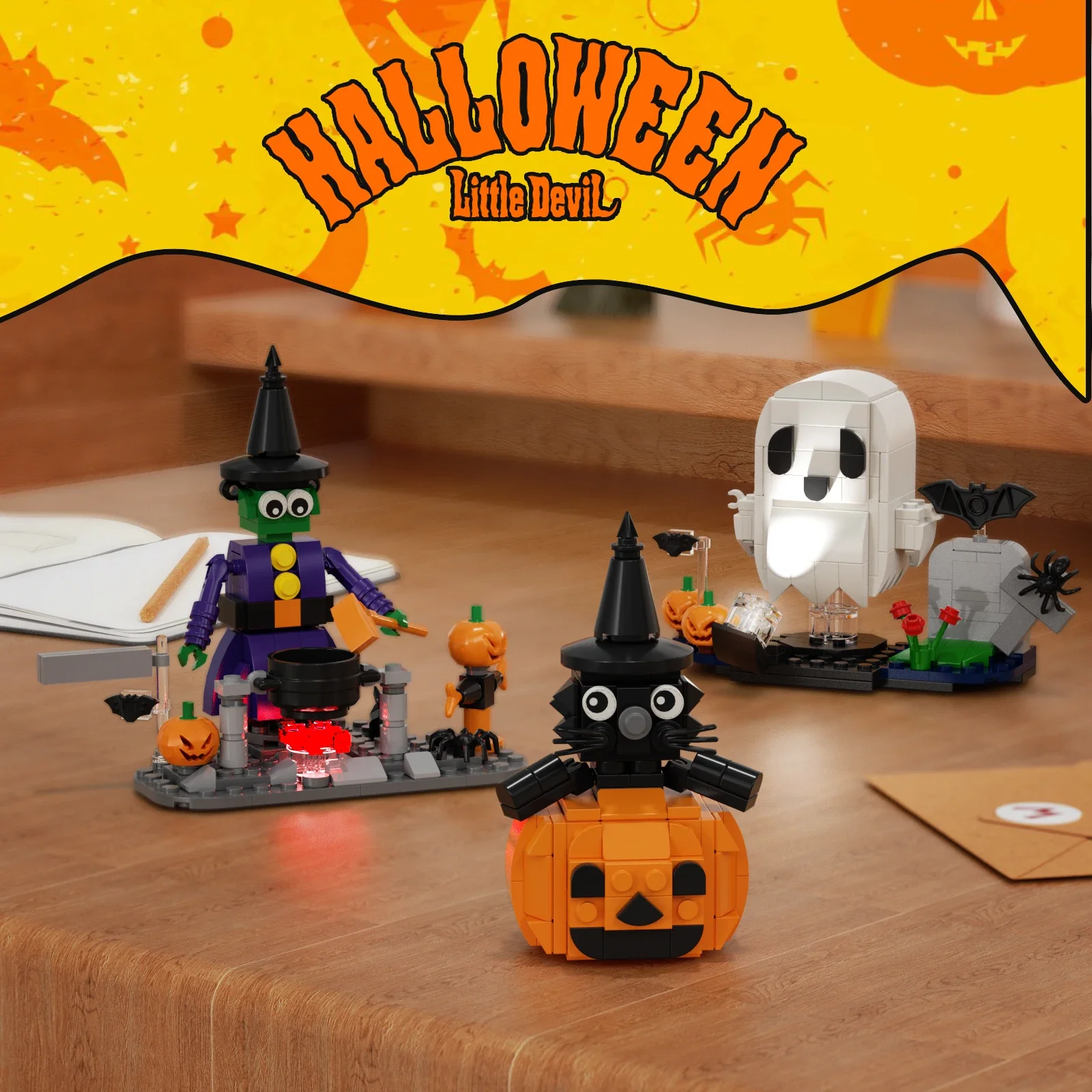 MOC Halloween Pendant Building Blocks Set Pumpkin Ghost Trick Bricks Atmosphere Hanging Decorations Toy Children Halloween Gifts