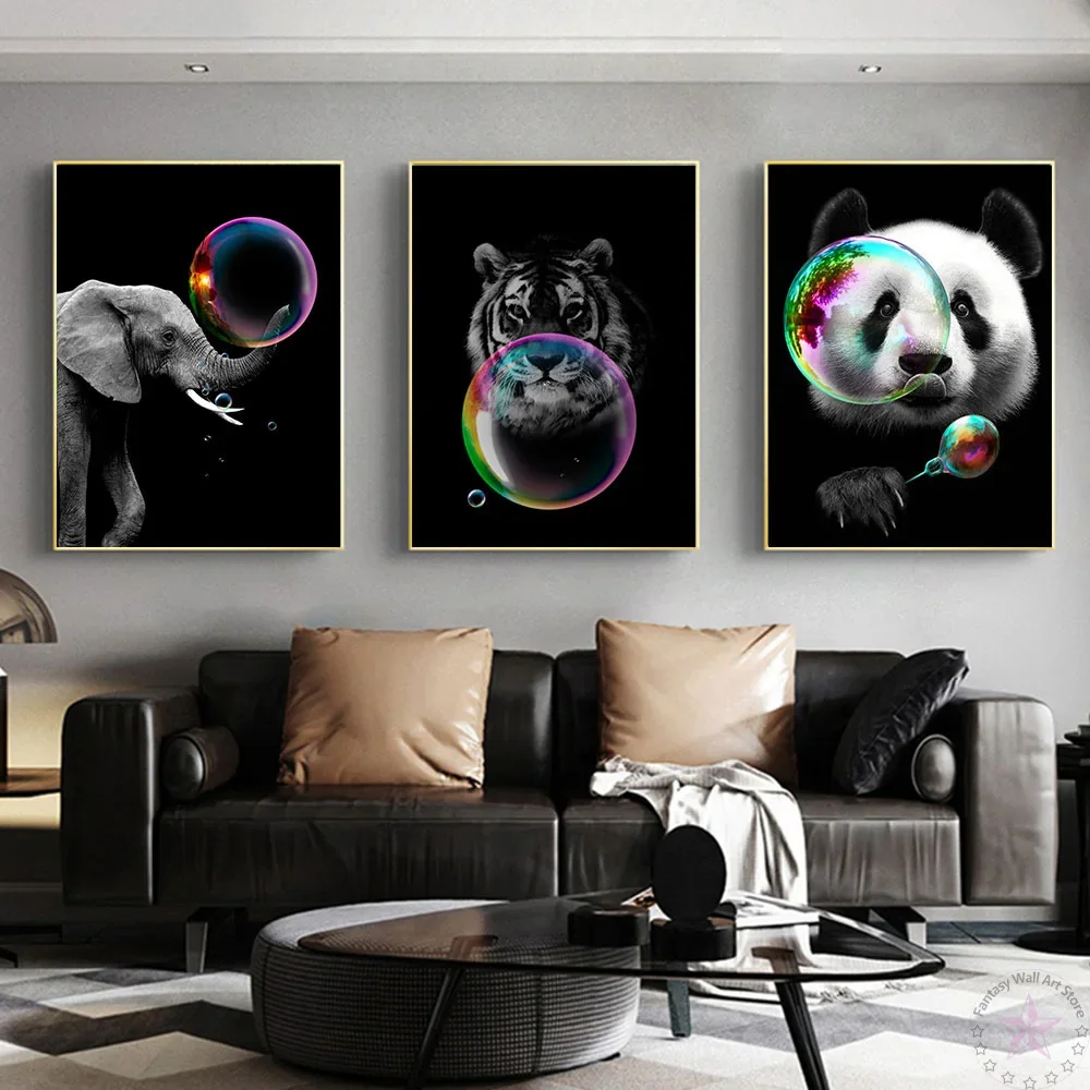 Blowing Bubble Cartoon Animals Poster Lovely Panda Tiger Lion Canvas Painting Wall Art Print Nordic Kids Room Picture Hoom Decor