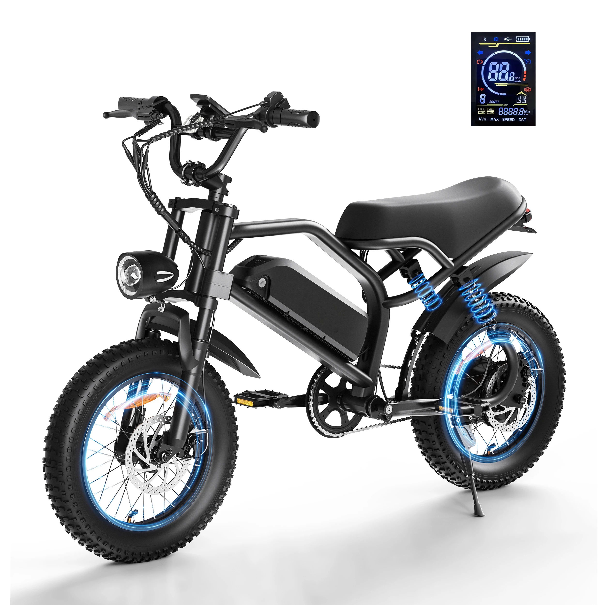 Spacewalk 16" Electric Bike for Teens, Peak 1500W Ebike with 48V 15.6Ah Battery, Up to 65 Miles, Full Suspension Fat Tire E-bike, Electric Motorcycle Style Fit Age 13+，Black