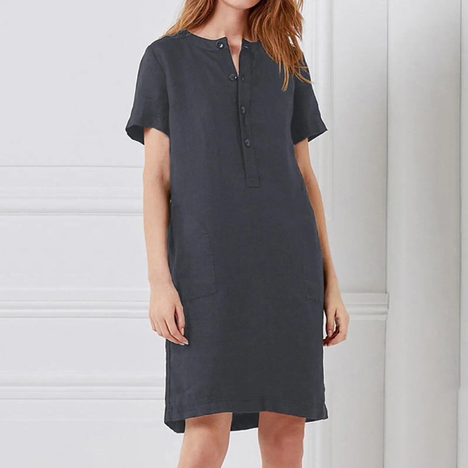 Women's Cotton Linen Short Sleeve mid Length Dress Loose Waist Regular Sleeve Basic Style Citywalk Suitable Single Piece