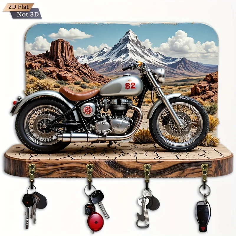 2D Flat. 1 Stück. Desert Snow Mountain Vintage Motorrad-Schlüsselhaken – multifunktionaler dekorativer Schlüsselhalter aus Holz mit vier Metallen
