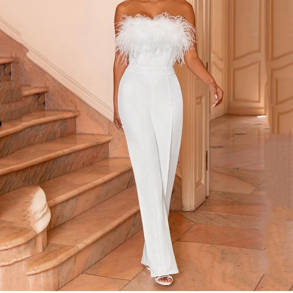 

Faionable Sexy Pure Color Feather Trim Casual Women's Pants One oulder Bal Jumpsuit High Waist Straight Leg Trousers