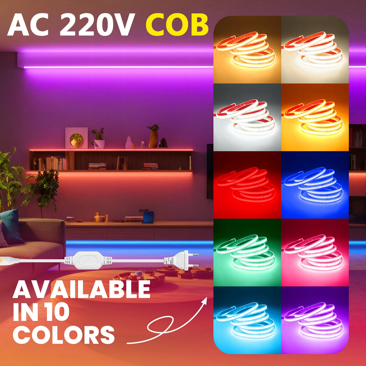 COB IP65 Waterproof LED Light Strip AC 220V With EU Plug 240 LEDs/m Warm Green Blue Red Flex Cuttable Bright Home Lighting Decor