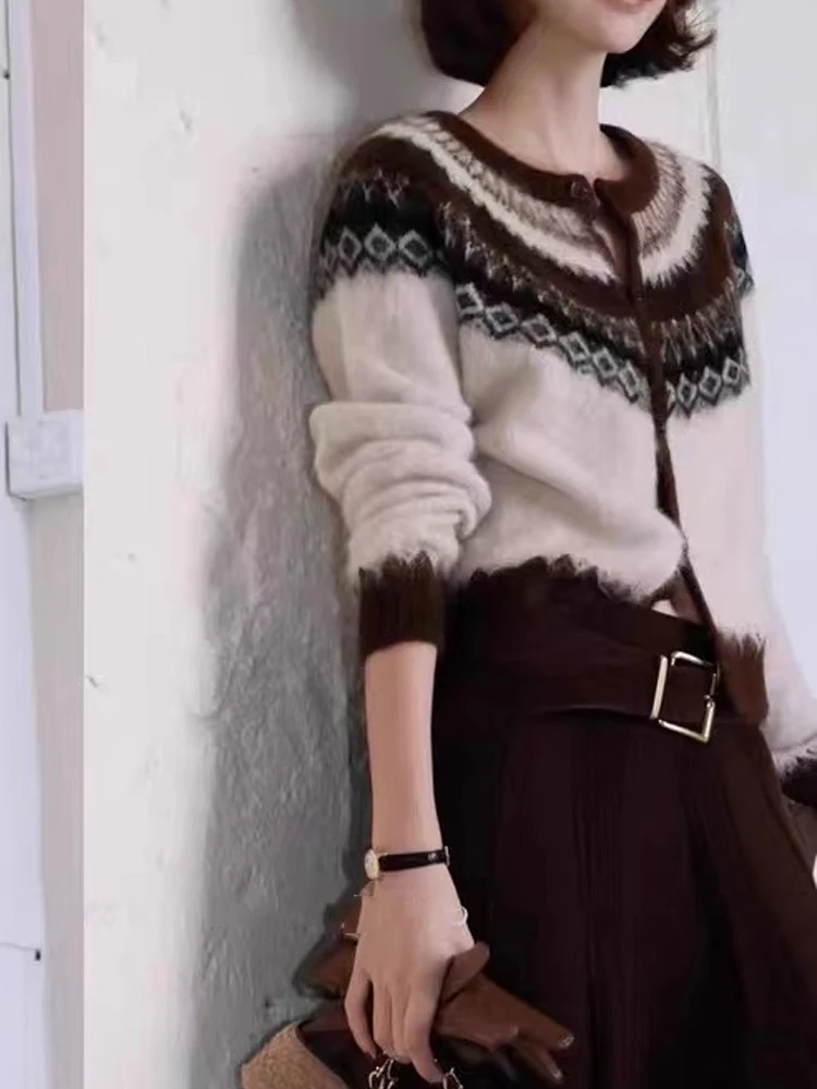 أنيقة س الرقبة سترة مشغولة من الصوف المرأة عادية كم طويل محبوك قمة الخريف مكتب سيدة سترة سترة Oldmoney نمط الملابس #5