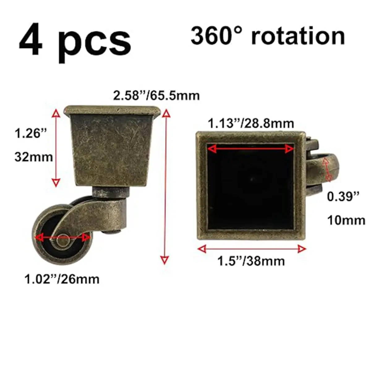 4PCS Swivel Caster Wheels Square Cup Furniture Castors Bronze, 150kg Load Capacity with Screws for Piano Sofa Table