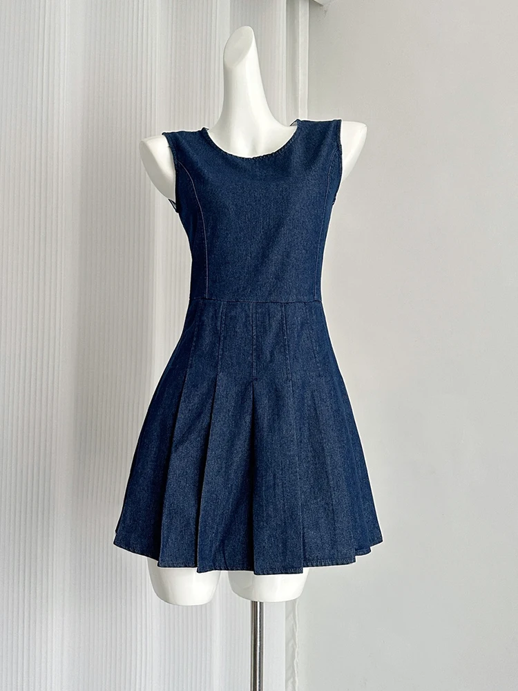 Summer Women Old Money Korean Vintage Sleeveless Denim Dress Korean Pleated Frocks O-Neck One-Piece 2000s Aesthetic Party