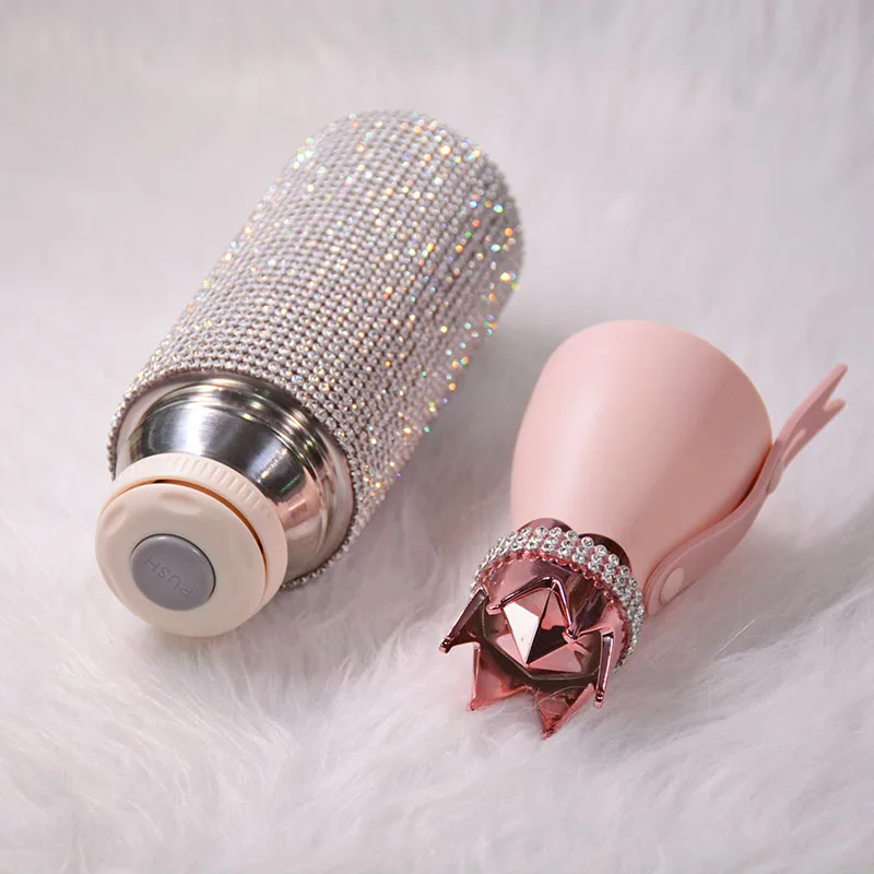 Bling Thermos Bottle Sparkling Rhinestones Double Wall Stainless Steel Insulated Water Bottles Flask Vacuum Bottle  Crown Lid