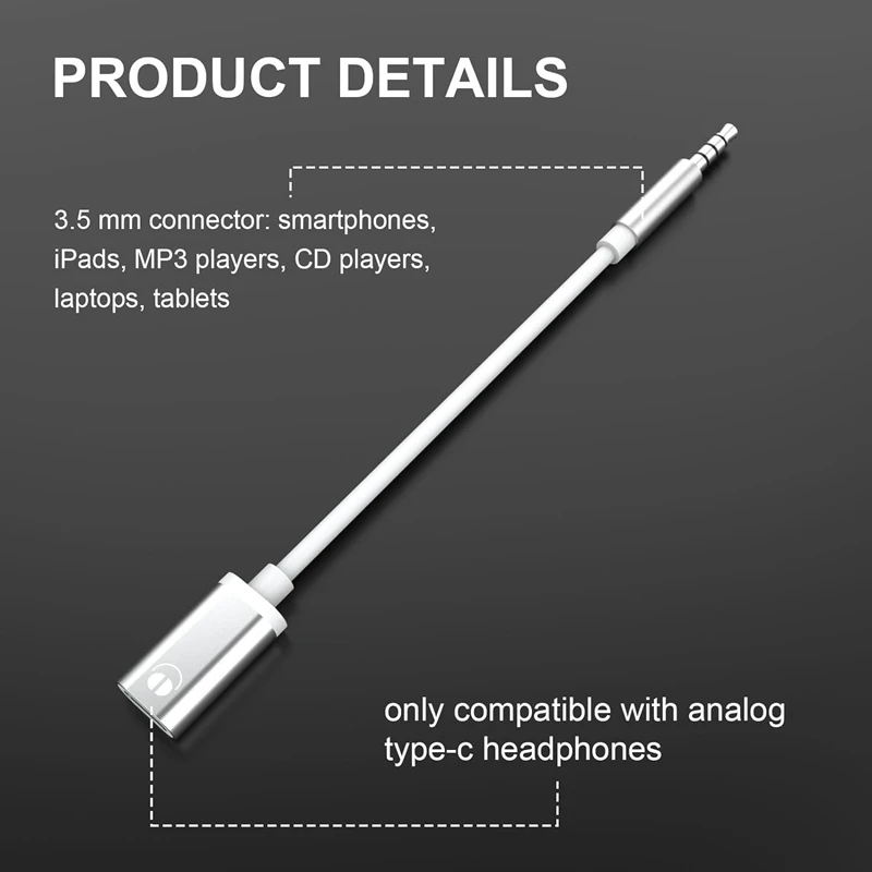 Cabo de áudio para MP3 Player e Tablets, Áudio analógico, adaptador de auscultadores, 3,5mm macho para tipo C, Tablets