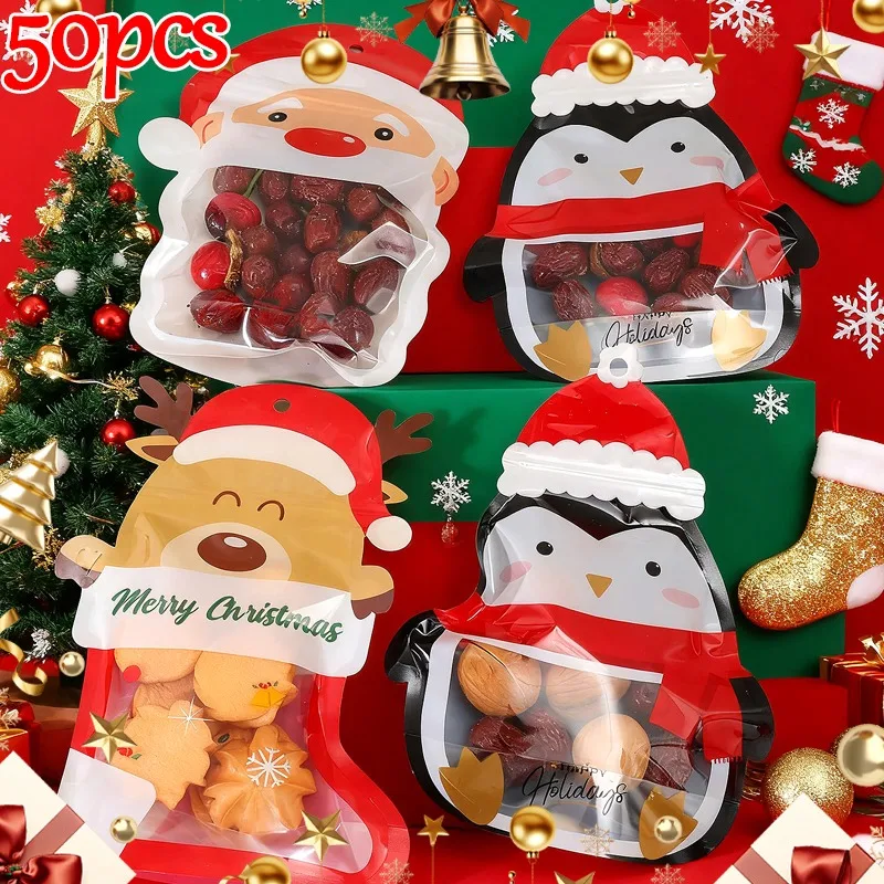 50/5x самозапечатывающийся рождественский мешок для конфет, Санта-Клаус, Лось, Пингвин, стоячий нижний дизайн, упаковочные пакеты, Рождественский мешочек на молнии с героями мультфильмов