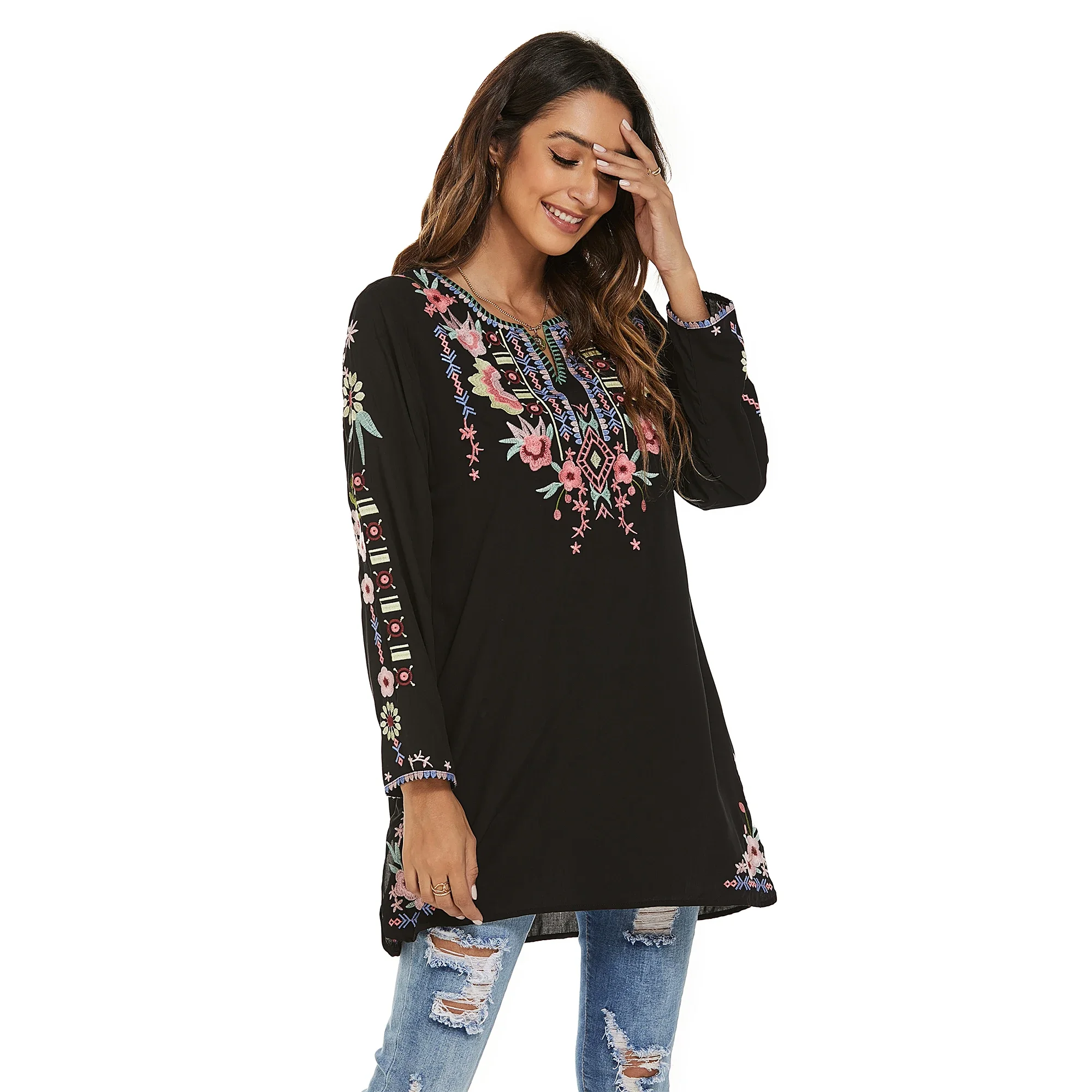 Eaeovni Women\'s Mexican Embroidered Tops Traditional Boho Hippie Clothes Peasant Blouse Bohemian Long Sleeve Shirt Tunic