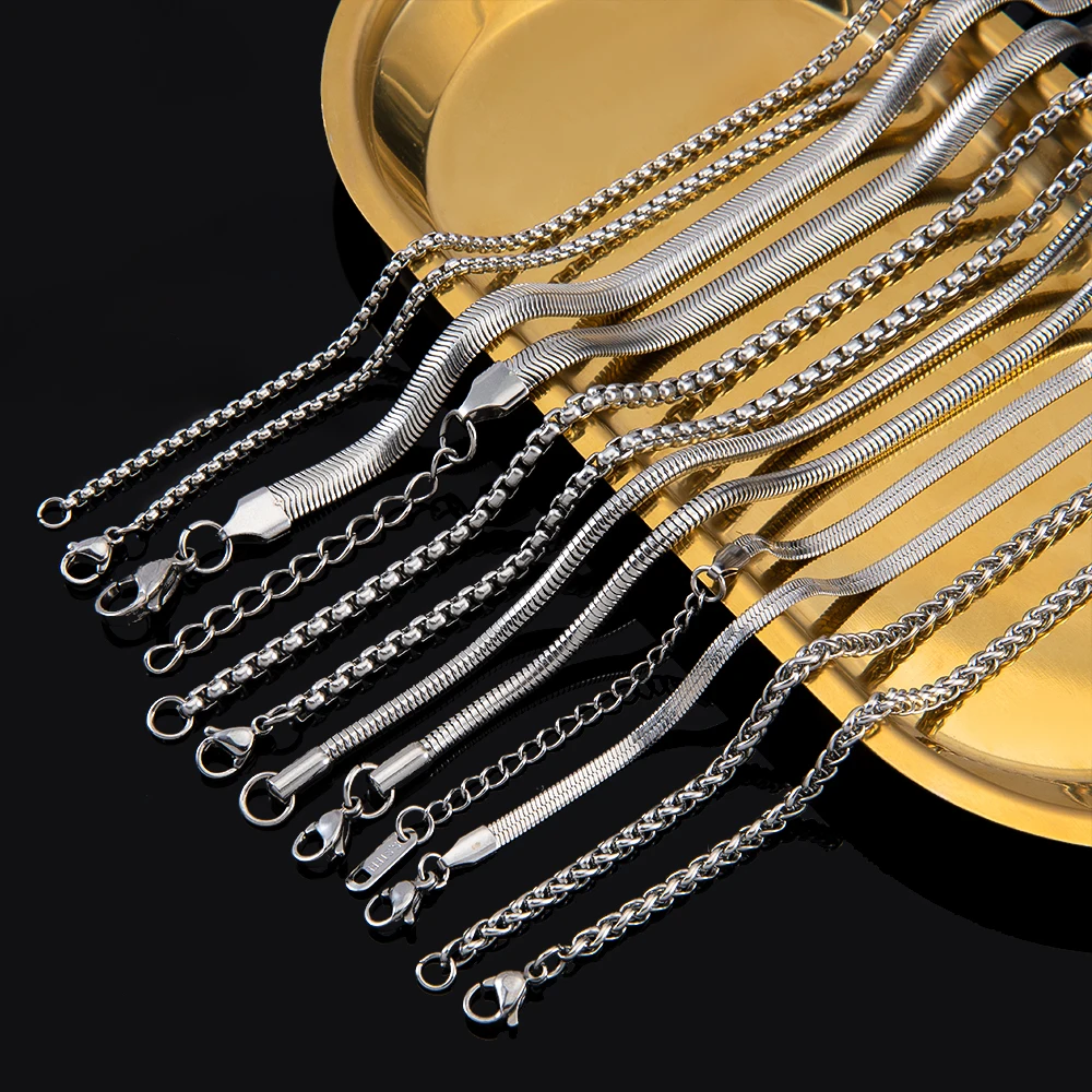 No Fade 5pcs Stainless Steel Twist Chain Necklace Box Snake Chain with Clasp Open Ring DIY Men Jewelry Making Findings Accessory