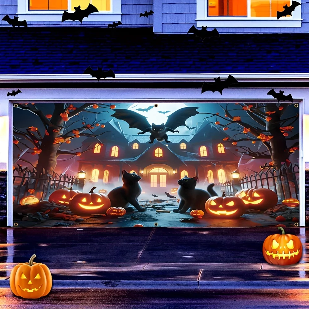 Ein flaches 2D-Banner aus Polyester für Halloween-Geistergarage, Kürbislaterne und Spukhausdesign, geeignet für die Halloween-Dekoration