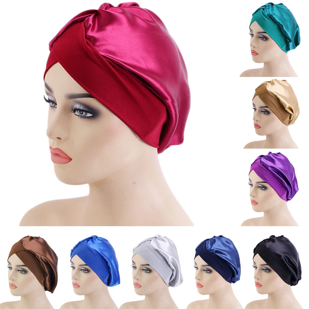 New Women Solid Satin Bonnet Wide Stretch Band Hair Care Comfortable Lady Night Sleep Hat Adjust Hair Styling Cap Silk Head Wrap