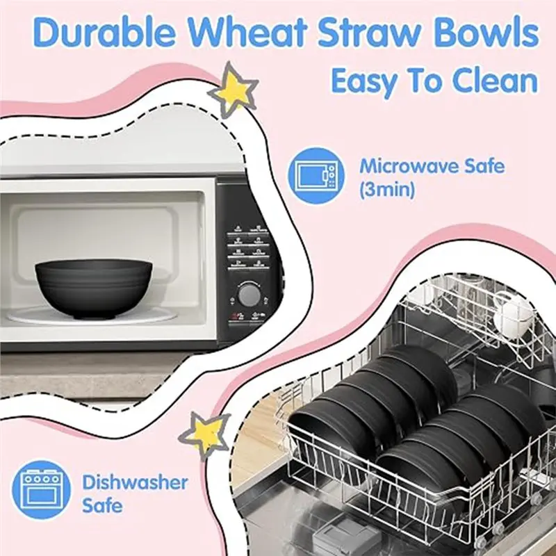 T19C 10 PCS Unbreakable Wheat Straw Bowls, Microwave & Dishwasher Safe, Easy-Grip Cereal Soup Dessert Bowls For Daily Use