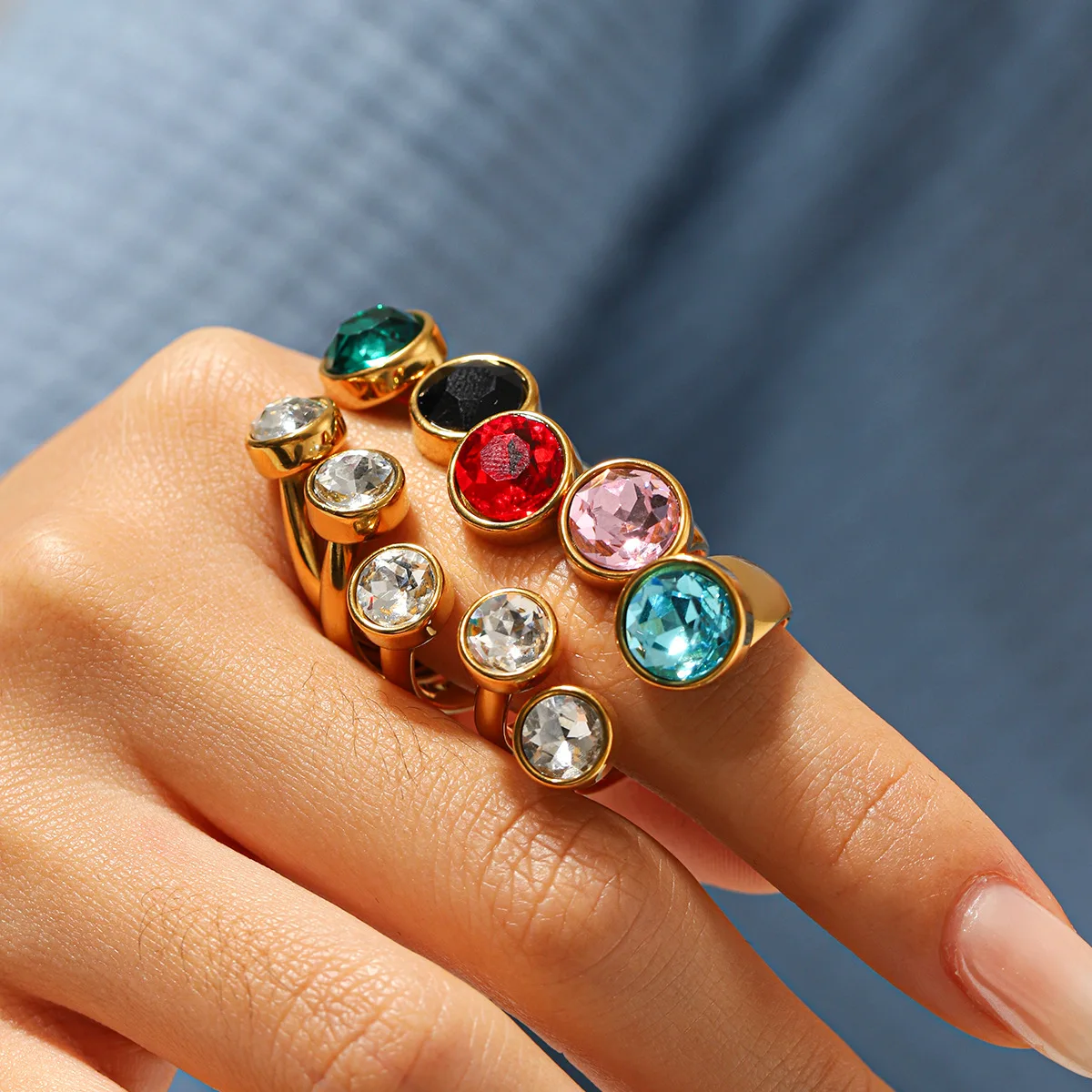

Luxury Colorful Geometric Square Round Zircon Stainless Steel Open Rings for Women Girl 18K Gold Plated Aesthetic Jewelry Party