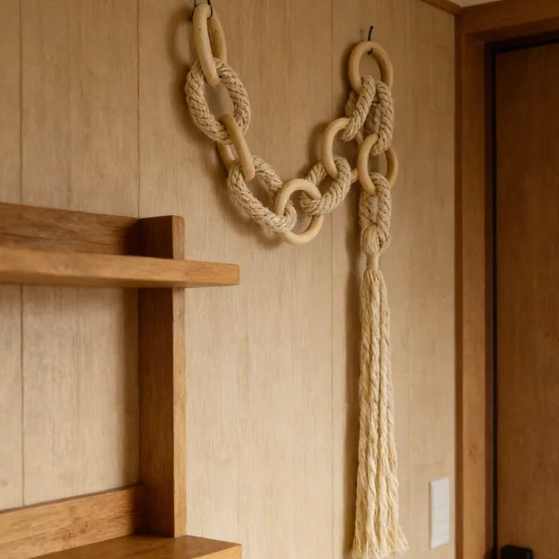 

Handmade Chain Macrame Wall Hanging Cream Boho Tapestry with Wooden Rings Bohemian Home Decor Gift for Housewarming