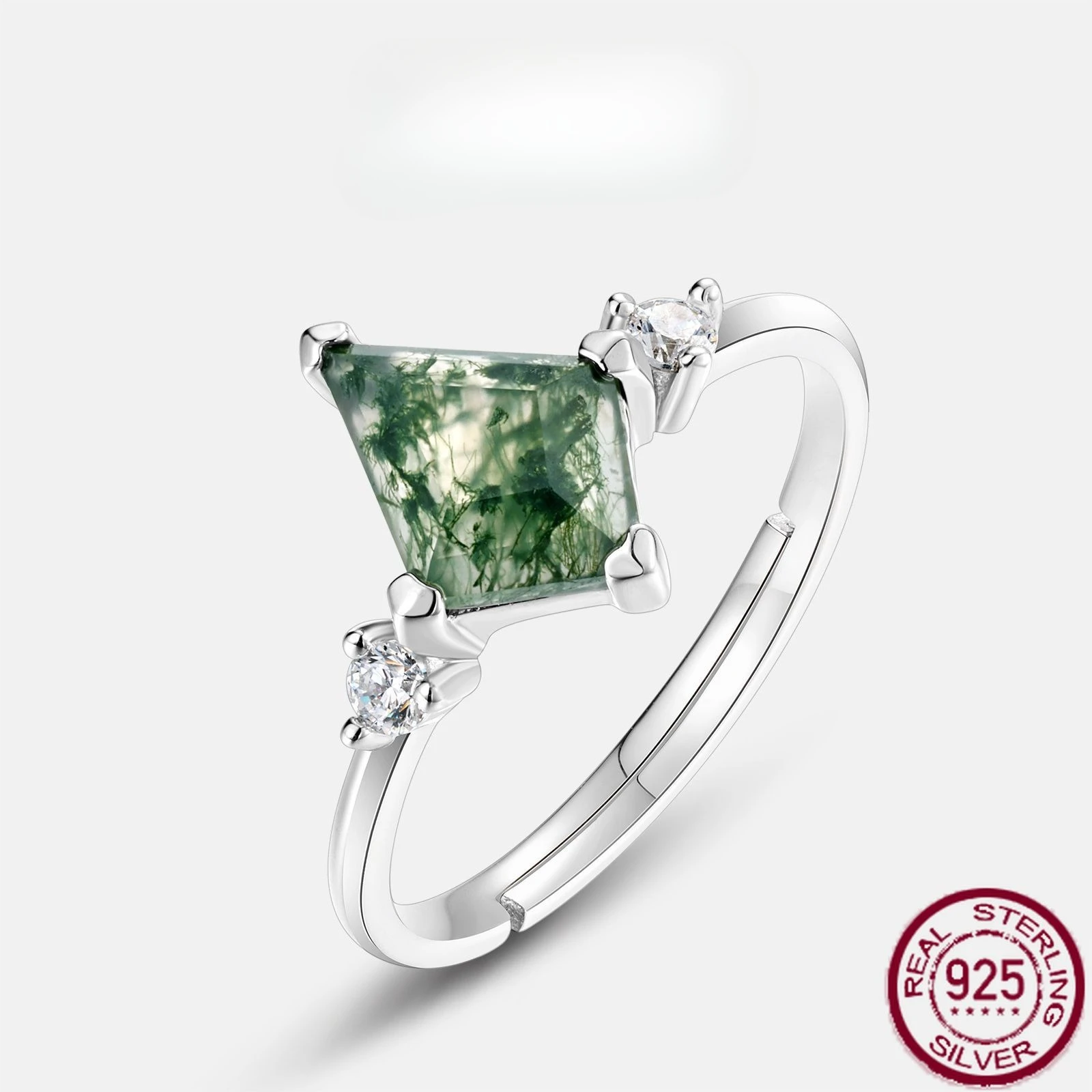 

New S925 pure silver diamond shaped natural green moss stone inlaid with water grass agate finger ring simple wedding jewelry