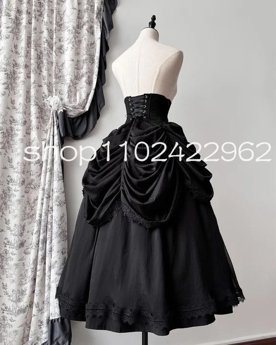 Tenue gothique noire Lolita, sous-jupe, robes, volants, cloche, corset désossé, ceinture, taille haute, jupon