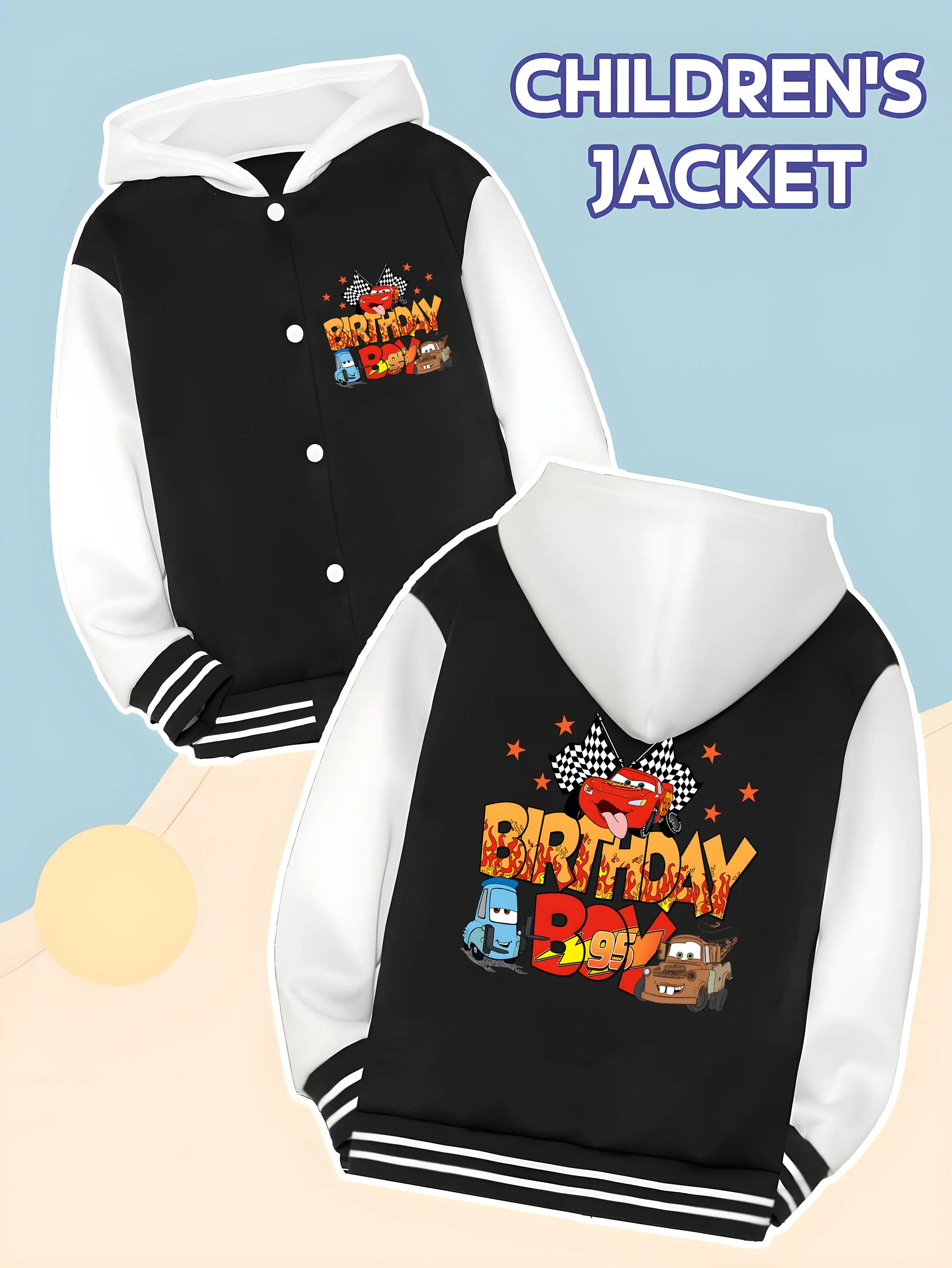 

MINISO Disney Cars Birthday Theme Children's Baseball Jacket - "Birthday Boy" Print, Daily School Wear, Casual Fashion