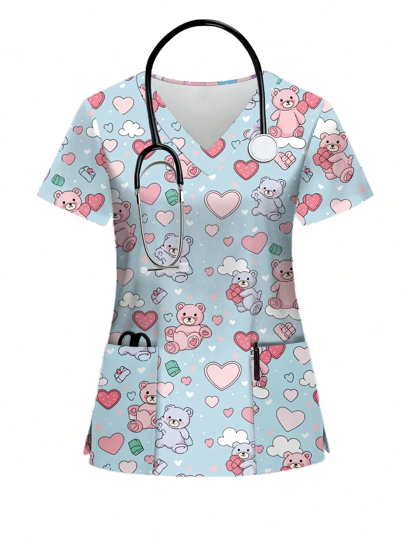 Women's Spring/Summer Nurse Uniform - Cute Animal Print V-Neck Surgical Gown with Pockets - Polyester Knit Fabric T-Shirt