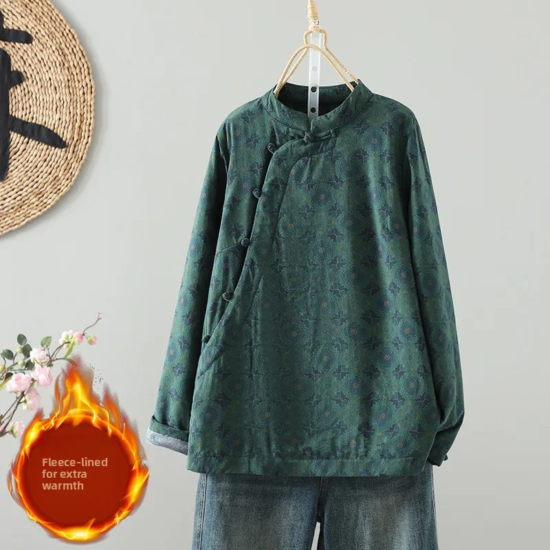 

Retro Chinese Sle Women's Fce Lined Cotton irt Stand Collar Printed Traditional Clothing Warm Cotton Top Small irt