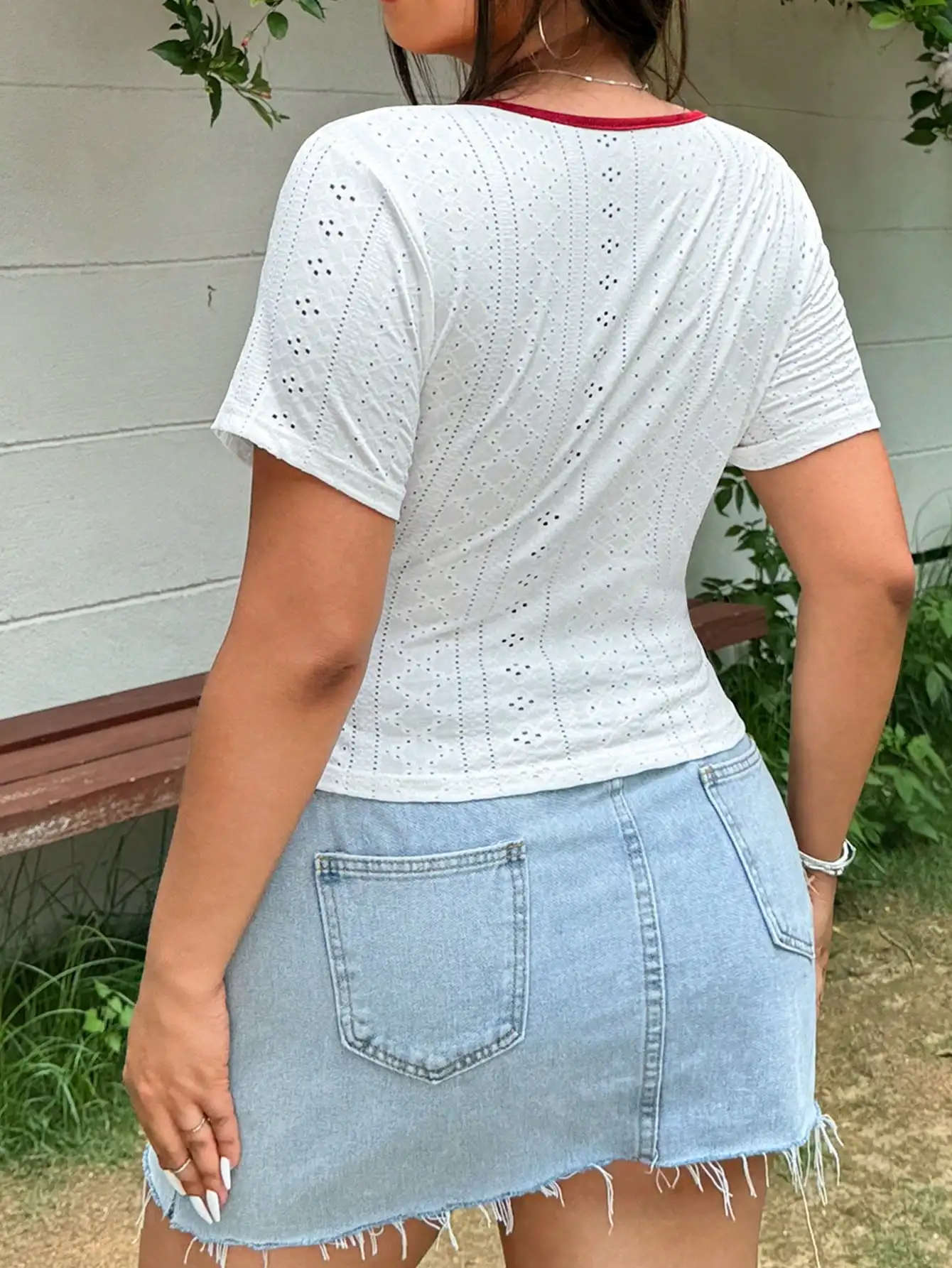 White Eyelet Lace Deep V-Neck Short Sleeve A-Line Mini Dress For Women