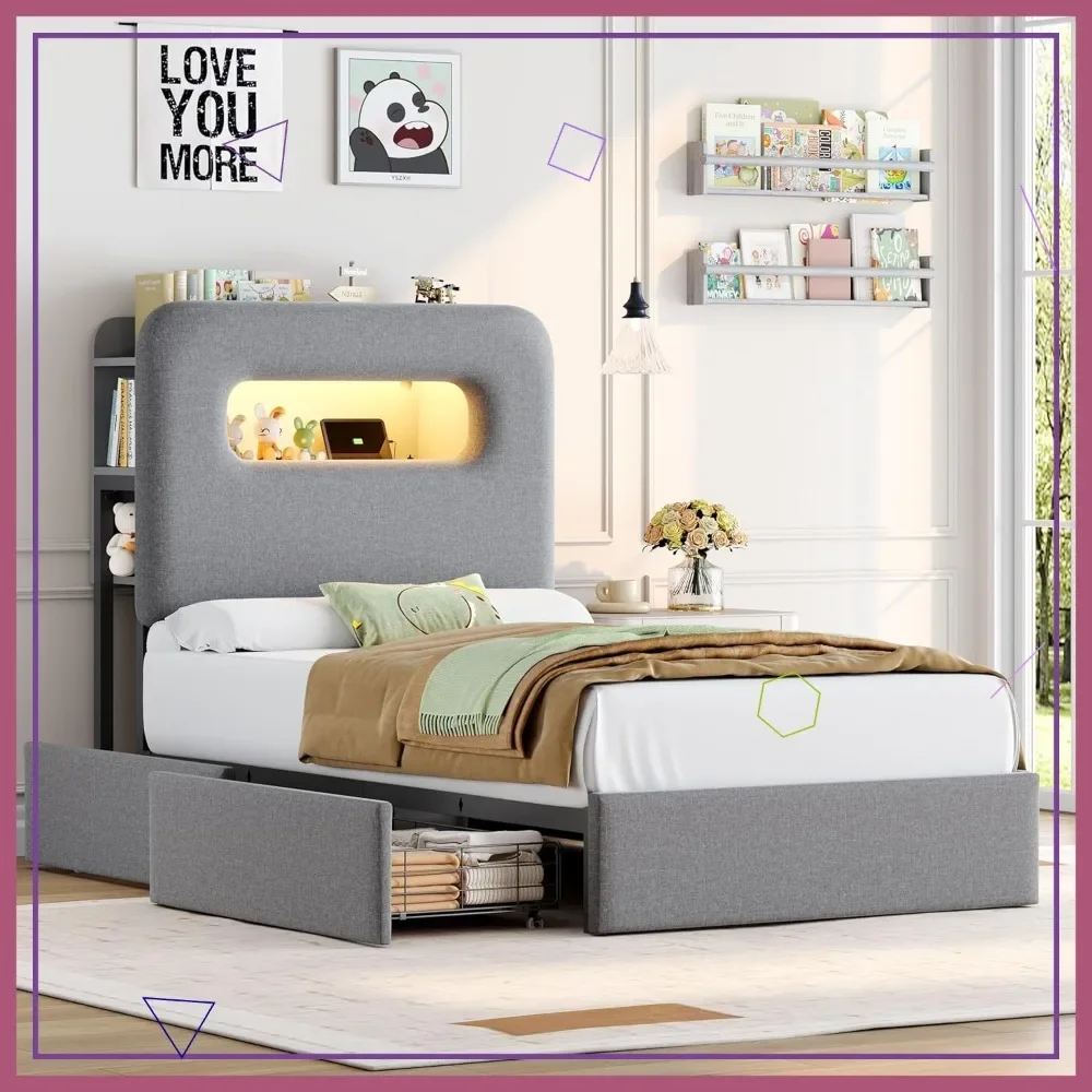 Twin LED Bed Frame with Storage Headboard, USB Charging Station, Drawers & Bookcase, Grey Velvet Platform Bed