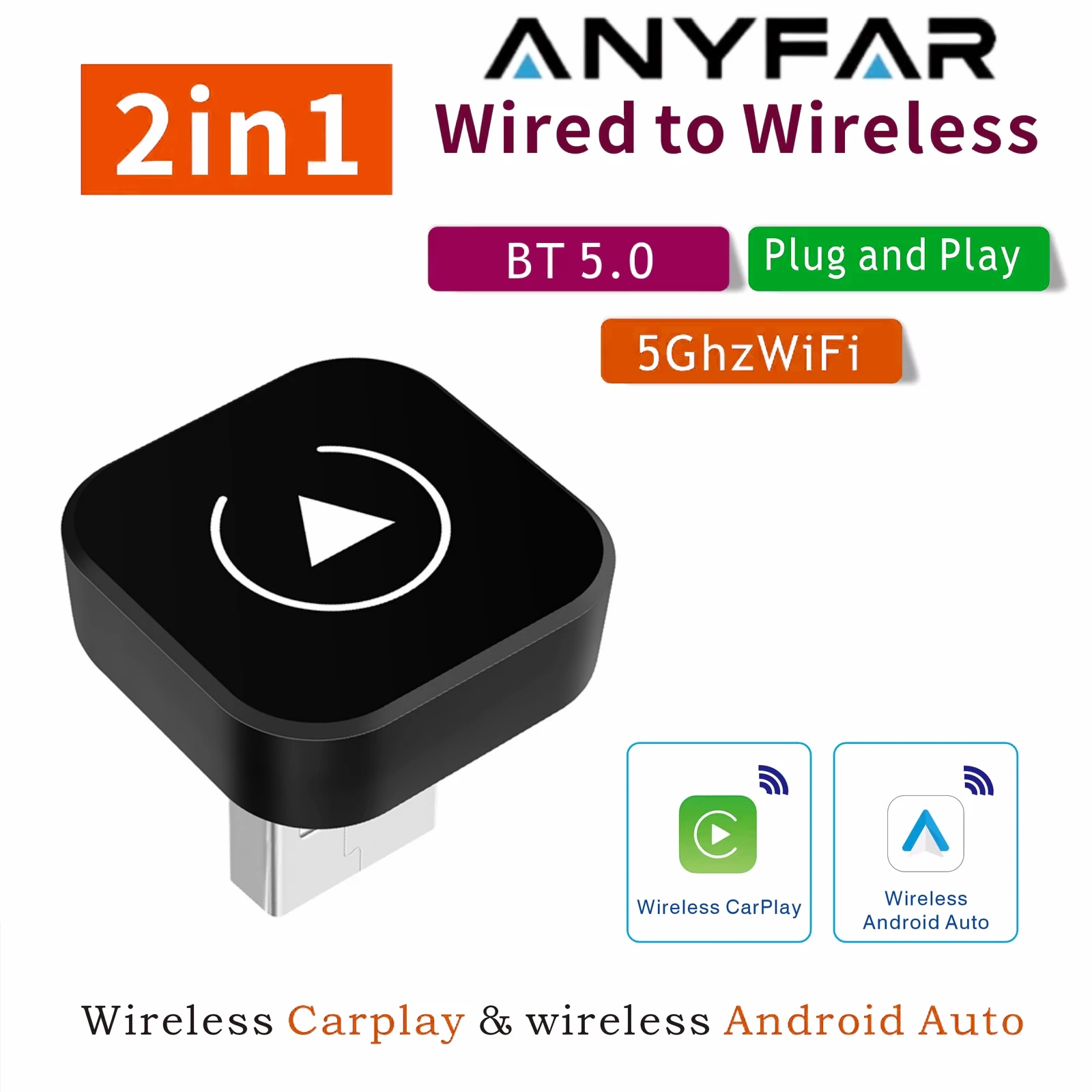 Boîtier/adaptateur sans fil Android Auto CarPlay, dongle USB intelligent, convertit le CarPlay filaire en sans fil, connexion automatique pour les voitures équipées d'un CarPlay filaire d'origine.