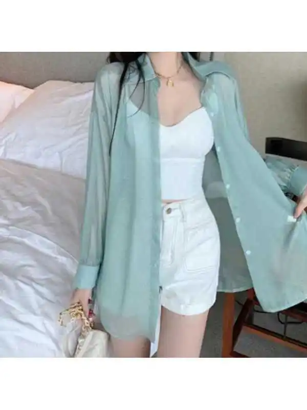 

Женская шифоновая солнцезащитная рубашка нового дизайна в стиле Cleanfit, с длинным рукавом, из полиэфирного волокна, тонкая модель, с отложным воротником