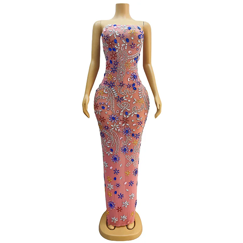 Pink Sleeveless Hip Skirt Dress - Elegant Colored Gem Pattern, Temperament Luxury For Female Singer Stage & Host Bodycon Dresses