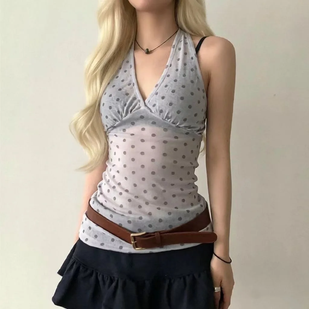 

Pure Stylish Slightly Transparent Summer Waist Women's Vest Polka Dot Backless V-Neck Stylish Top