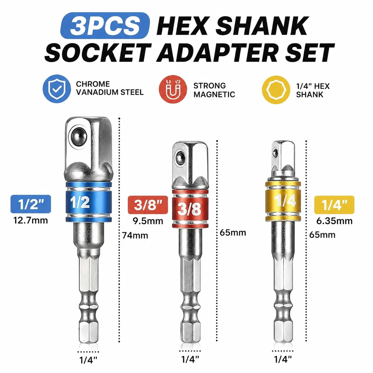 Colorful Hex Shank Screwdriver Socket Converter, 3PC Square Drive Extension Bar Set For Electric Screwdriver