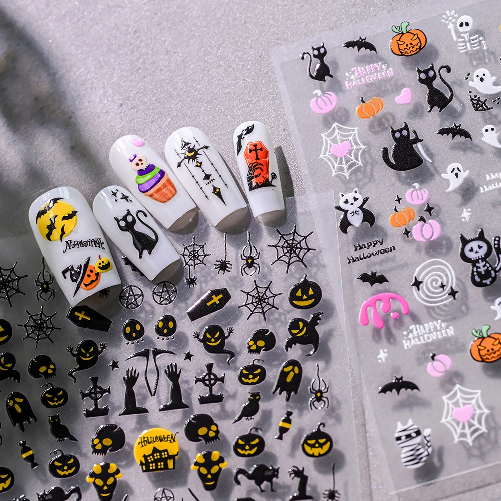 1개 5D 검은 고양이 유령 호박 거미 네일 스티커 해골 엄마 해피 할로윈 네일 슬라이더 악마 테마 네일 장식 # ^