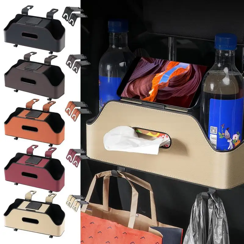 Car Multifunctional Leather Tissue Storage Box Under Seat Auto Back Seat Paper Bag Place Water Cup Creative Car supply with Hook