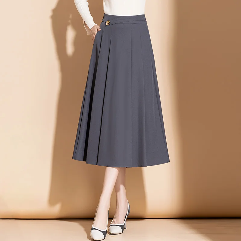 ZUZK النساء الصلبة OL التنانير جديد ربيع الخريف مرونة عالية الخصر الإناث أنيقة ألف خط منتصف طويلة تنورة سوداء Saia Preta