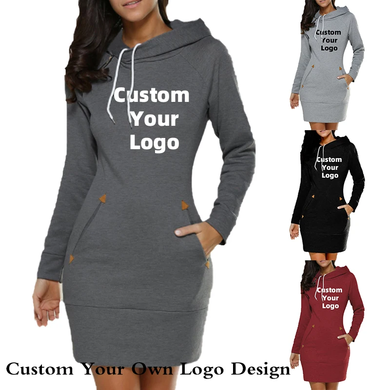 

Custom Logo Spring Autumn Hooded Drawstring Women's Sweatshirt Dress Fashion Solid Pocket Package Hip Ladies Mini Dresses