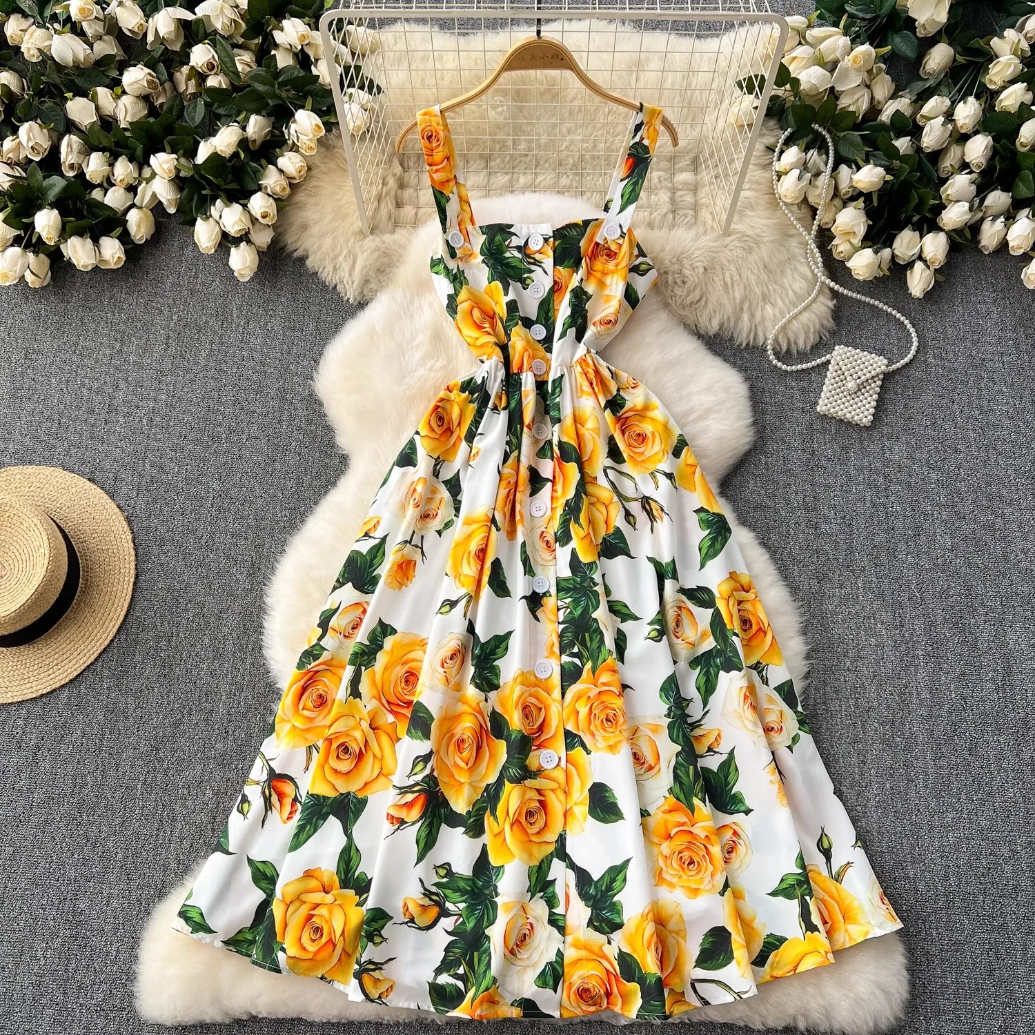 Summer Runway Holiday Spaghetti Strap Dress Women Single Breasted Yellow Rose Print Beach Vacation Long Vestidos Camisole