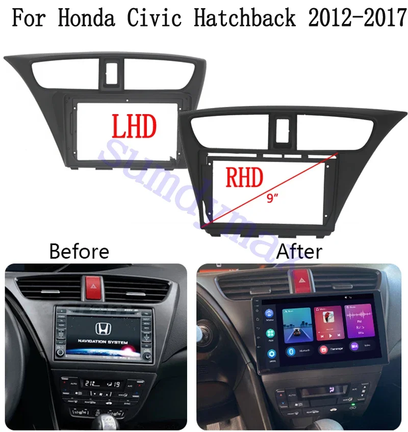 9 inch 2 Din Car Frame Fascia Adapter Android Radio Dash Fitting Panel Kit For Honda Civic Hatchback 2012 2013 -2017