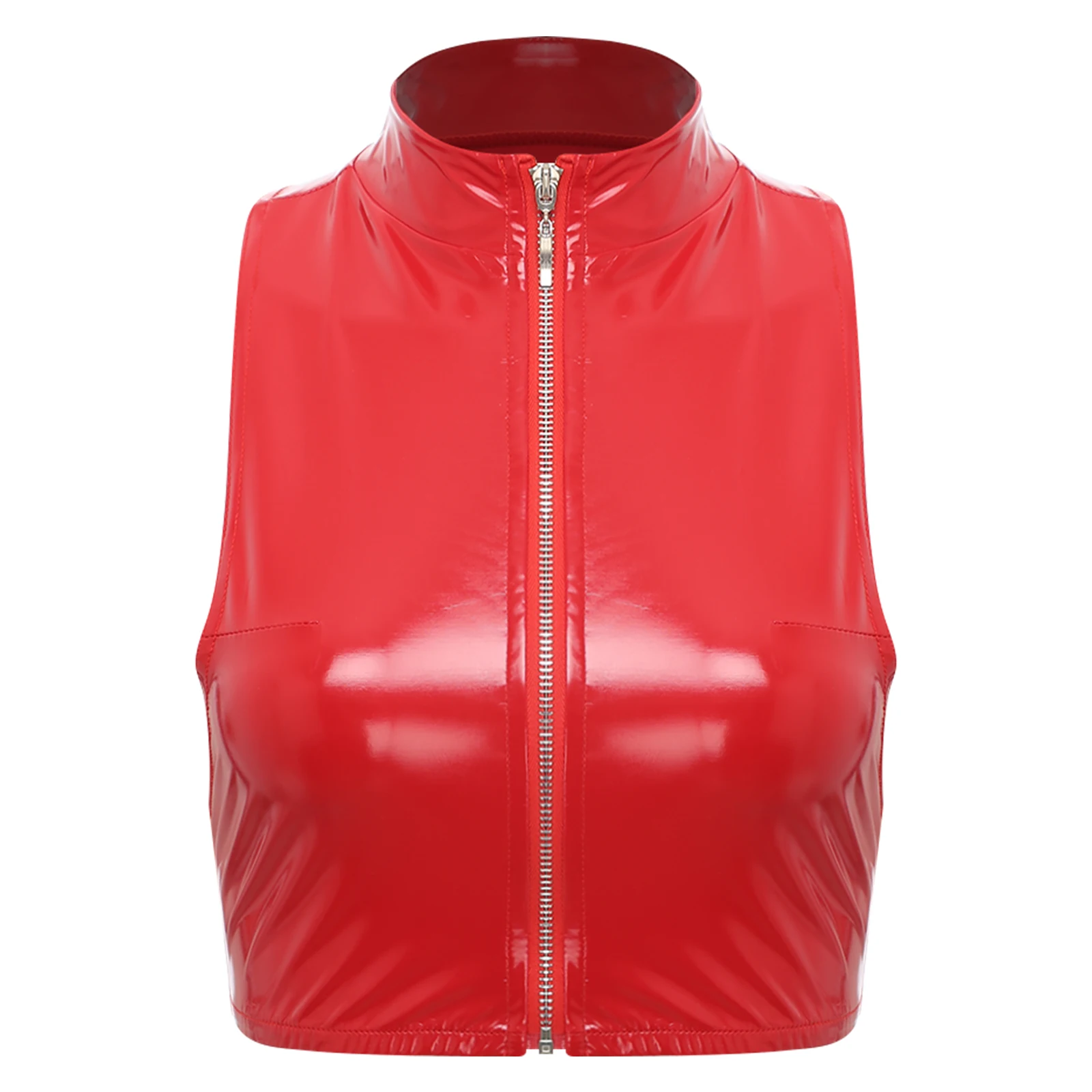 Womens Wet Look Patent Leather Crop Top Sleeveless Front Zipper Tank Top Vest Sexy Lingerie Music Festival Pole Dancing Clubwear