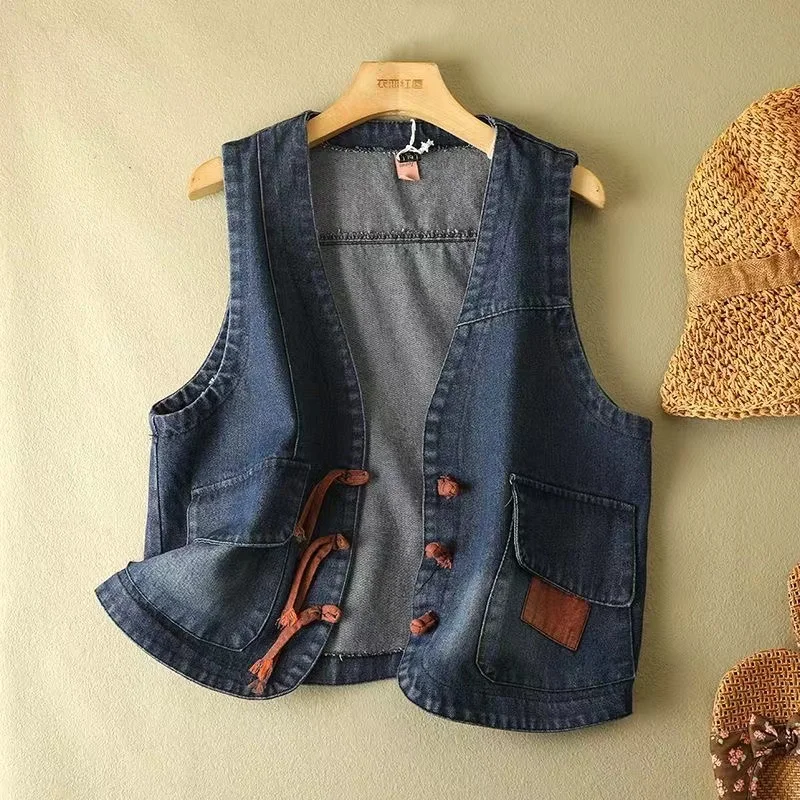 

Spring Autumn Vintage Denim Vest Jacket 2024 New Women's V-neck button Sleeveless Coat Casual Female Short Cowboy Waistcoats