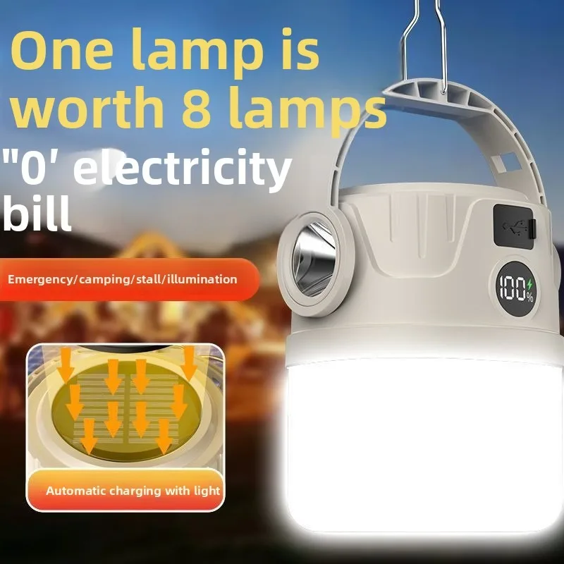 Lampe solaire de camping LED à double source de lumière - Torche de secours rechargeable et super lumineuse, pour tente extérieure et utilisation sur le marché nocturne