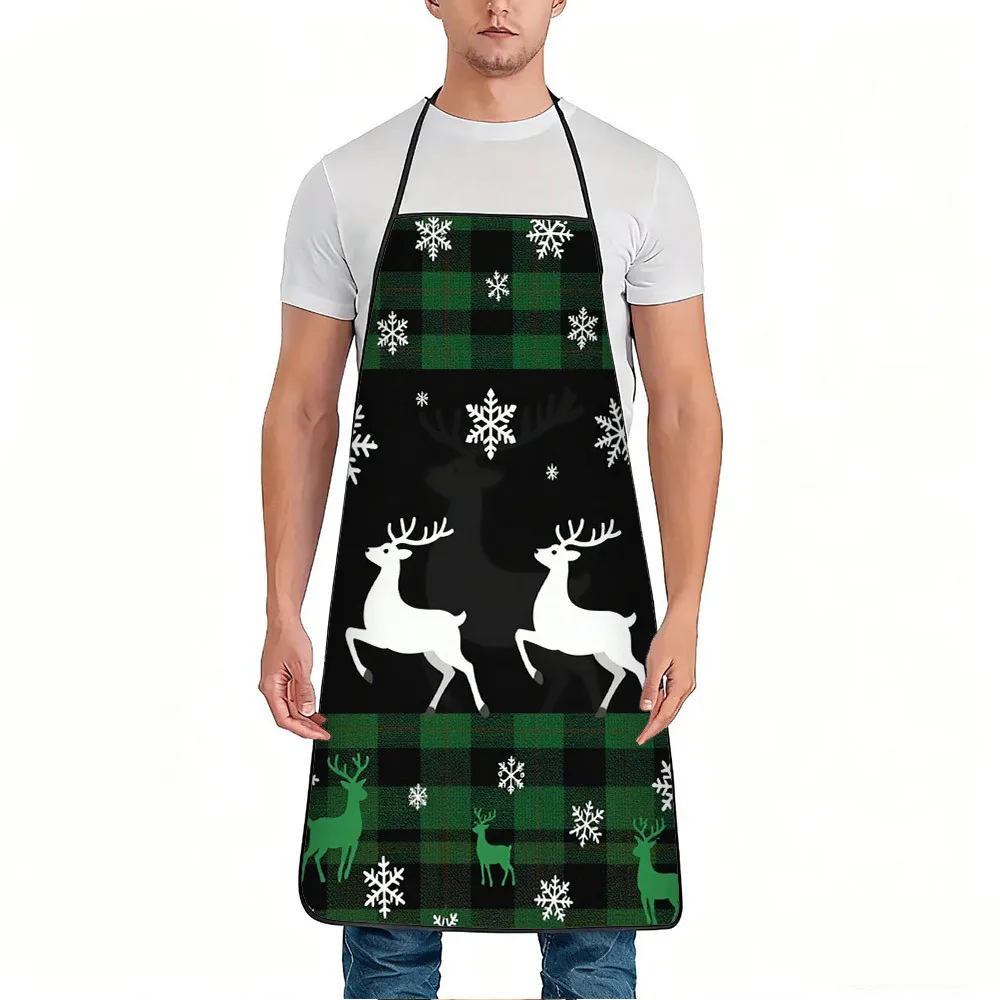1pc Christmas Reindeer And Snowflake Print Apron, Durable And Easy To Clean, Adjustable Waistband, Polyester Material, For Kitch