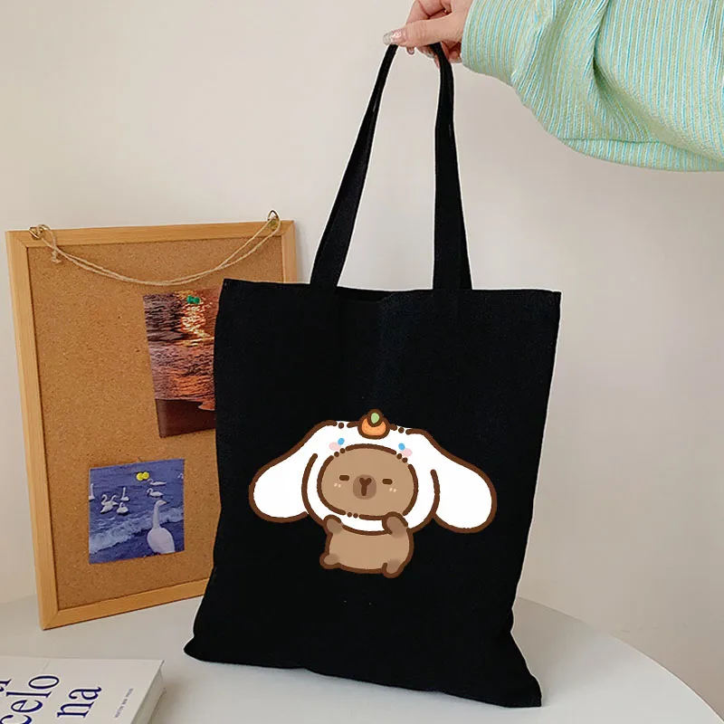 

Cute Capybaras Large Capacity Black White Canvas Shopping Casual Tote Bag Women Handbag Kawaii Shoulder Bag Shopper Student Bags