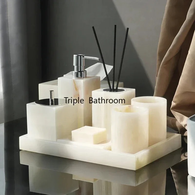 1pc White Onyx Natural Marble Bathroom Accessories Luxury Soap Dispenser Cotton Swabs Container Reed Diffuser Tray Bathroom Set