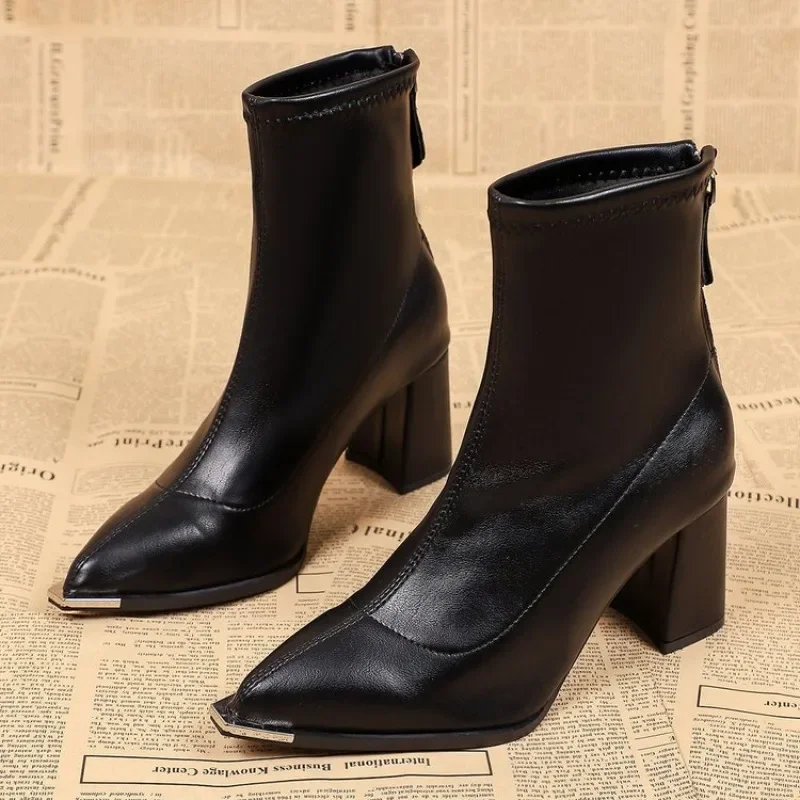 Women  Pointed Ankle Boots Thick Square Heel Back Zip Short Boots Elegant Ladies High Heel Booties Daily Party Footwear
