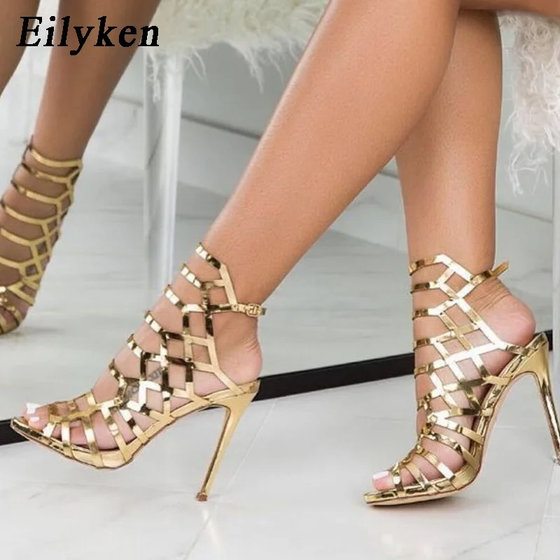 Eilyken Design Golden Open Toe Thin Heels Women Sandals Designer Narrow Band Buckle Strap Gladiator Ladies Shoes Zapatos Mujer