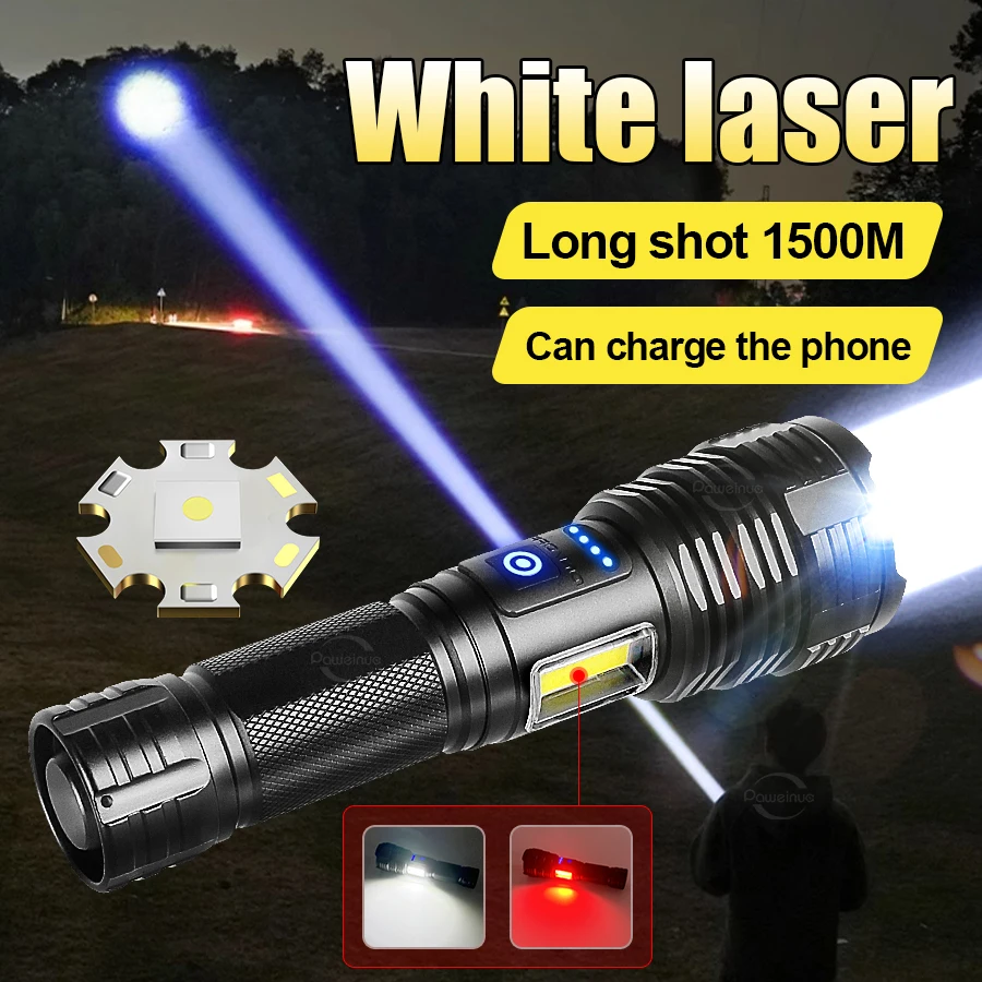 10000LM High Power LED Flashlight Long Soht Rechargeable Torch With COB Light 1500M Zoomable Handheld Lantern Tactical Hand Lamp