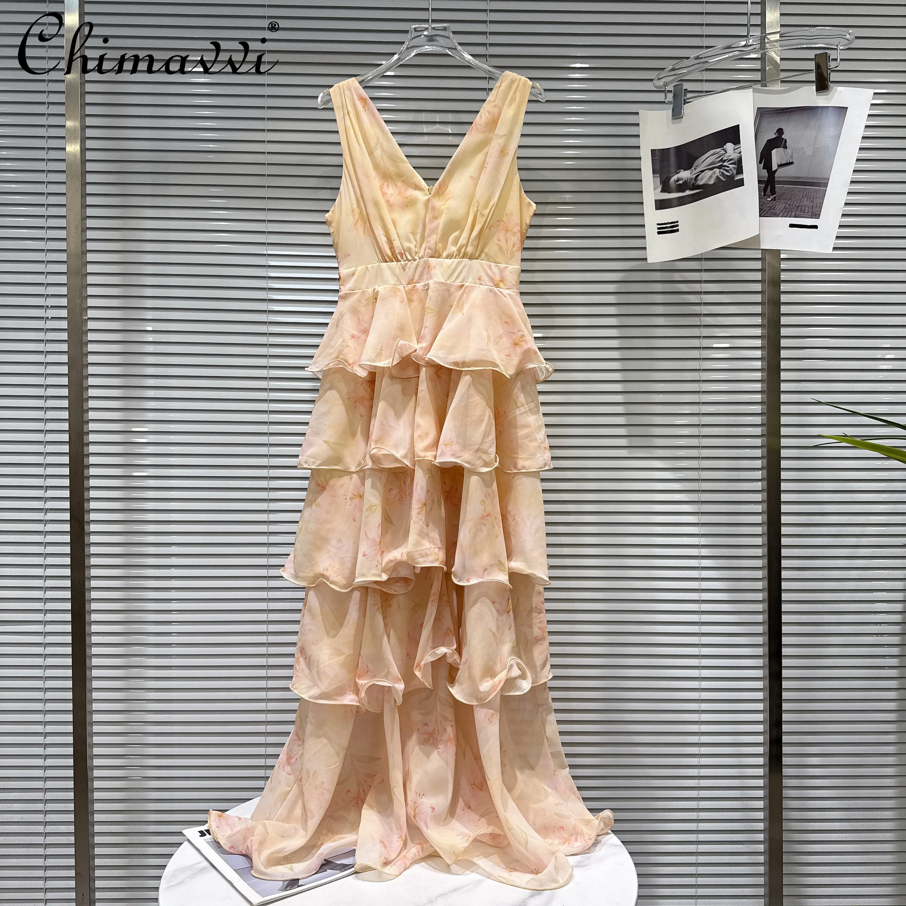 

2026 Summer French Elegant Casual Vacation Chiffon Dress V-neck Sleeveless Backless Ruffled Splicing Printed Long Dress Women